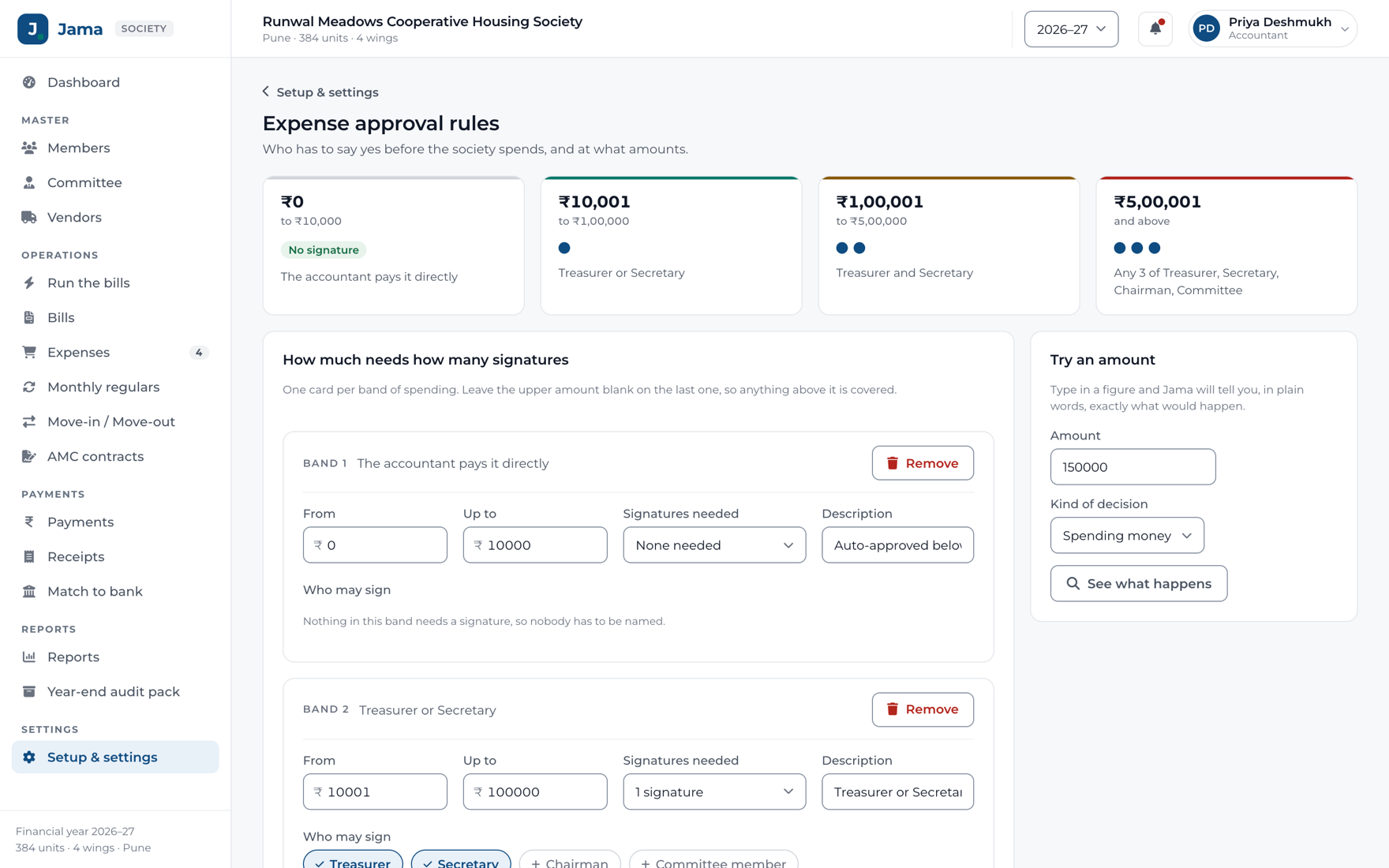 Expense approval bands in Jama, set by amount with the roles allowed to sign